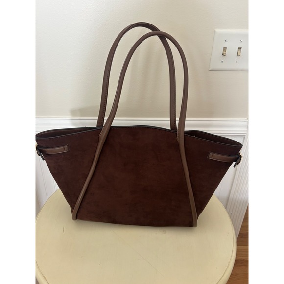 ASOS DESIGN Handbags - ASOS DESIGN Brown Faux Suede Tote Bag Tan Trim Gold Buckle Large Shoulder Bag